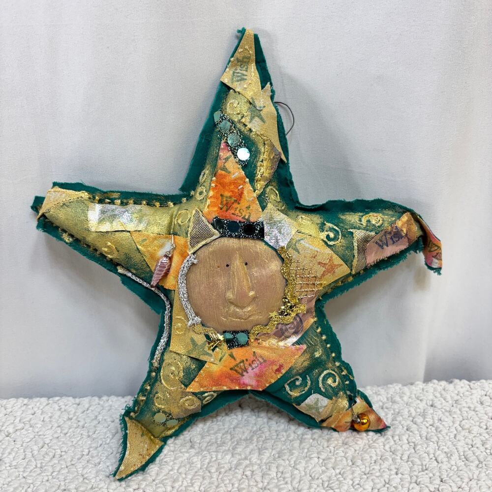Handmade Soft Sculpture Fabric Star Ornament Resin Face Mix Media Patchwork 11"